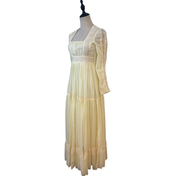 Vtg Gunne Sax Maxi Dress Butter Yellow Cream Long Sleeve Embroidered Lace Sz 9 - Picture 3 of 12